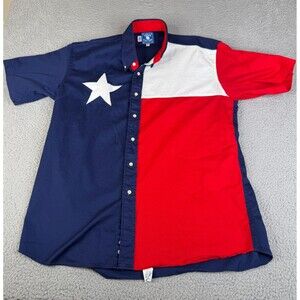 TEXAS COTTON Flag Shirt  L Lone Star Blue Red White Cotton Button Up 4th of July